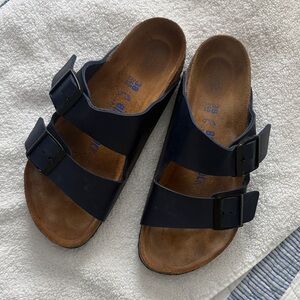Birkenstock Navy Leather Arizona Double-Strap Slide Sandals